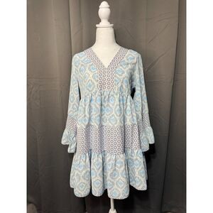 Entro Blue White Tiered Dress Women Small Boho Babydoll V Neck Mini